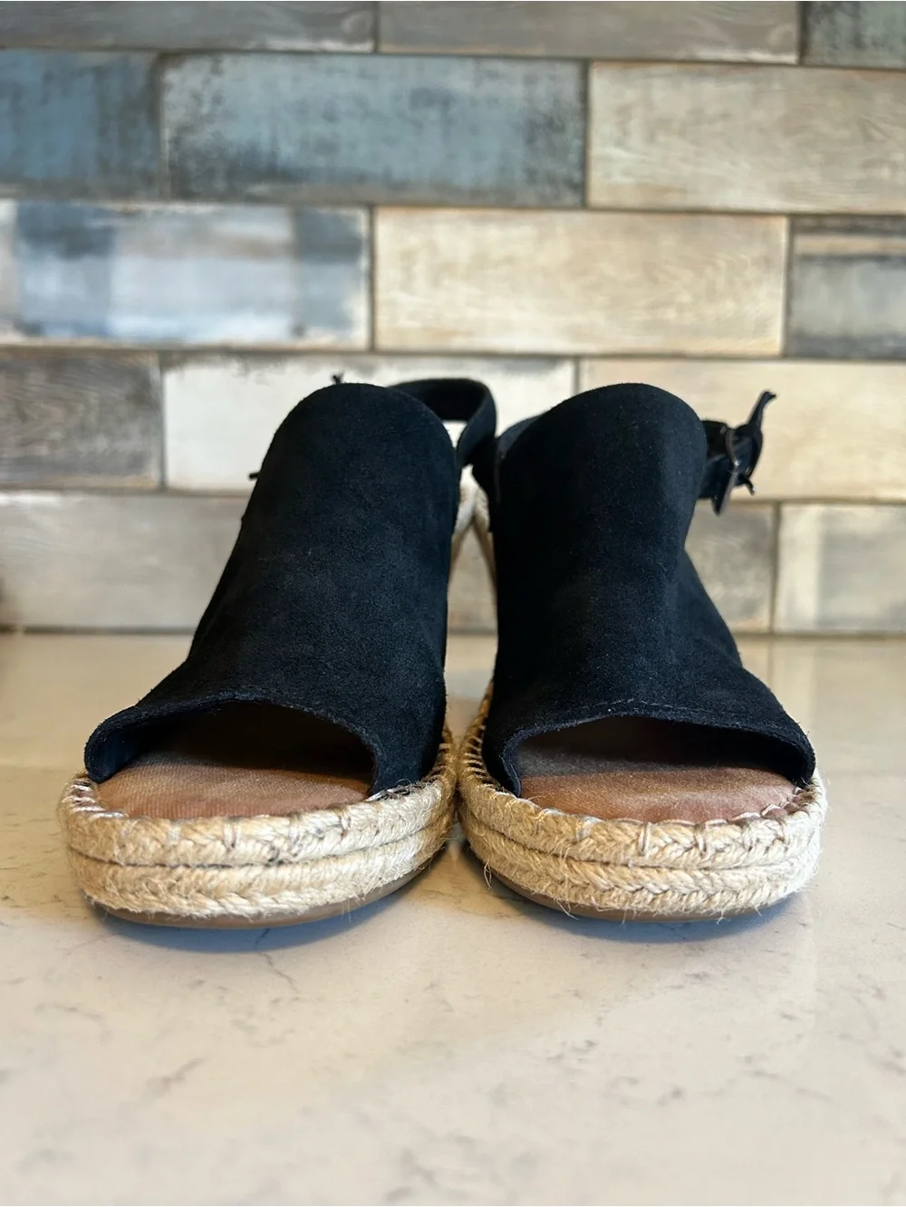 TOMS Monica Black Suede Leather Wedge Espadrille Sandals
